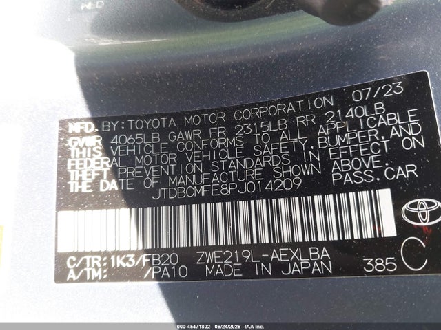 Toyota Corolla Hybrid Le 2023 JTDBCMFE8PJ014209 Image 9