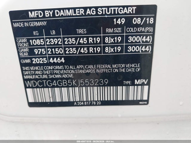 45471818 :رقم المزاد ، WDCTG4GB5KJ553239 vin ، 2019 Mercedes-benz Gla 250 4matic مزاد بيع