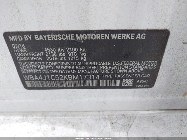45471824 :رقم المزاد ، WBA4J1C52KBM17314 vin ، 2019 Bmw 430i Gran Coupe مزاد بيع