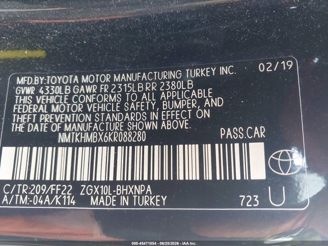 45471854 :رقم المزاد ، NMTKHMBX6KR088280 vin ، 2019 Toyota C-hr Xle مزاد بيع