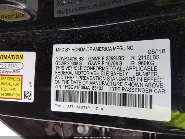 1HGCV1F39JA183403 Honda Accord Sport