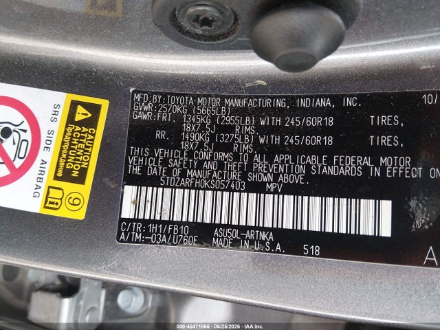 45471866 :رقم المزاد ، 5TDZARFH0KS057403 vin ، 2019 Toyota Highlander Le مزاد بيع