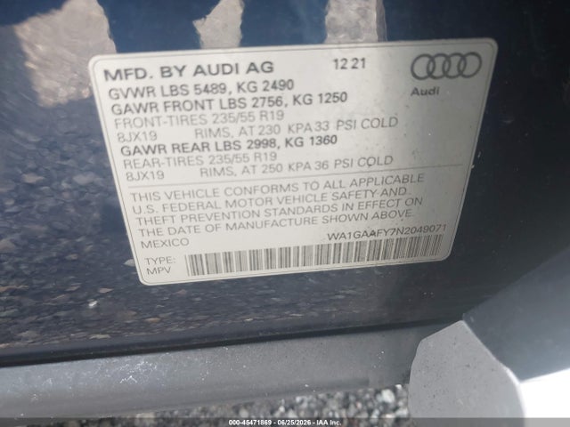 Aukcja sprzedaży 2022 Audi Q5 Premium 45 Tfsi S Line Quattro S Tronic, vin: WA1GAAFY7N2049071, numer aukcji: 45471869
