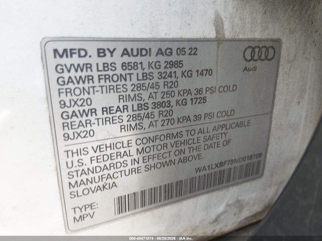 2022 Audi Q7 Premium Plus 55 Tfsi Quattro Tiptronic მანქანა იყიდება აუქციონზე, vin: WA1LXBF79ND018709, აუქციონის ნომერი: 45471874