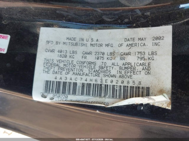 Aukcja sprzedaży 2003 Mitsubishi Eclipse Gts, vin: 4A3AC74H63E020858, numer aukcji: 45471877
