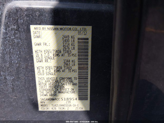 45471893 :رقم المزاد ، 5N1AN0NW4CC518954 vin ، 2012 Nissan Xterra Pro-4x مزاد بيع