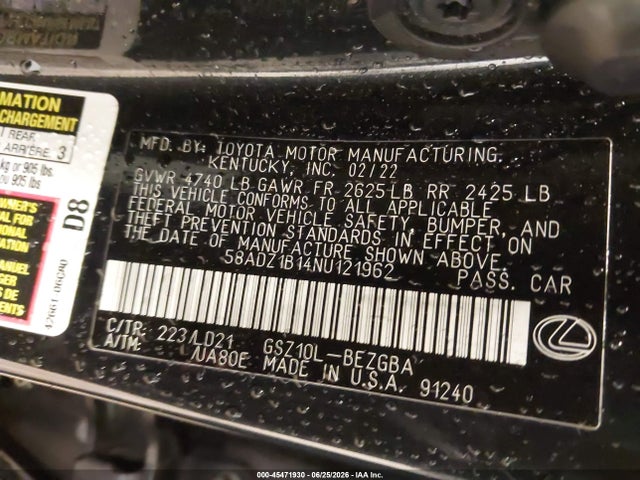 45471930 :رقم المزاد ، 58ADZ1B14NU121962 vin ، 2022 Lexus Es 350 مزاد بيع