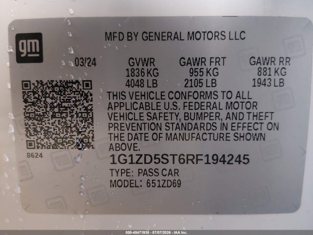 2024 Chevrolet Malibu Fwd 1lt მანქანა იყიდება აუქციონზე, vin: 1G1ZD5ST6RF194245, აუქციონის ნომერი: 45471938