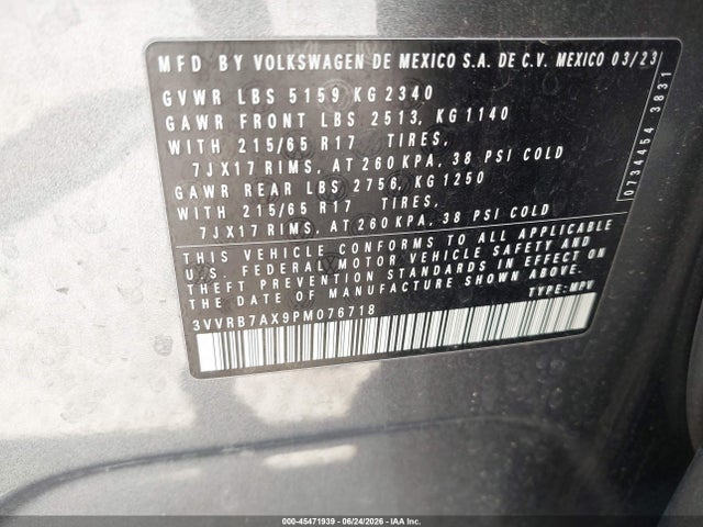 45471939 :رقم المزاد ، 3VVRB7AX9PM076718 vin ، 2023 Volkswagen Tiguan 2.0t S مزاد بيع