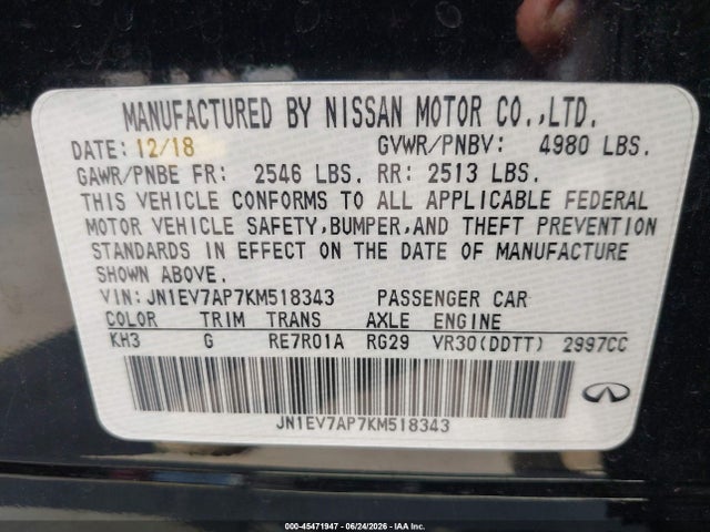 Aukcja sprzedaży 2019 Infiniti Q50 3.0t Luxe, vin: JN1EV7AP7KM518343, numer aukcji: 45471947