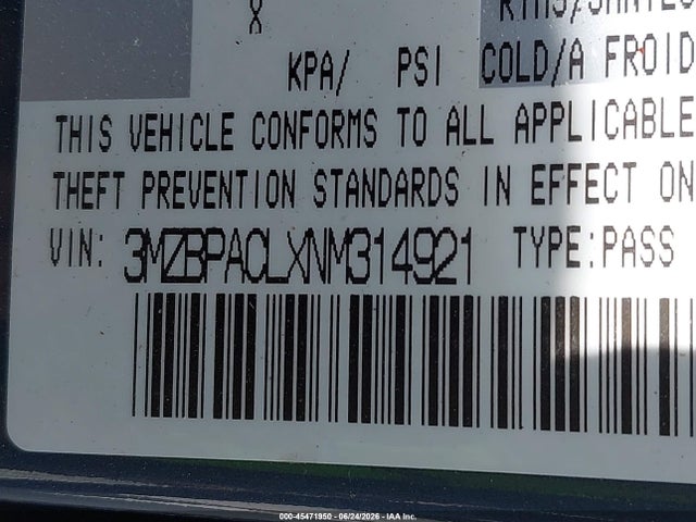 45471950 :رقم المزاد ، 3MZBPACLXNM314921 vin ، 2022 Mazda Mazda3 Carbon Edition مزاد بيع