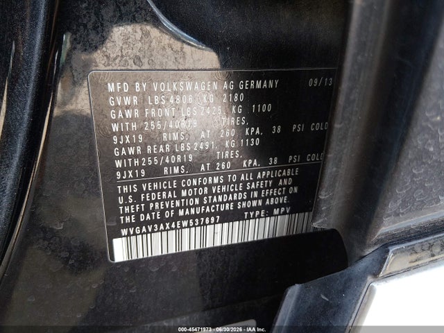 2014 Volkswagen Tiguan R-line მანქანა იყიდება აუქციონზე, vin: WVGAV3AX4EW537697, აუქციონის ნომერი: 45471973