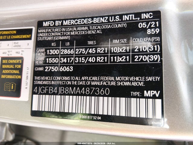 Продаж на аукціоні авто 2021 Mercedes-benz Gle 350, vin: 4JGFB4JB8MA487360, номер лоту: 45471974