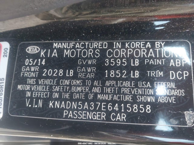 45471992 :رقم المزاد ، KNADN5A37E6415858 vin ، 2014 Kia Rio Ex مزاد بيع