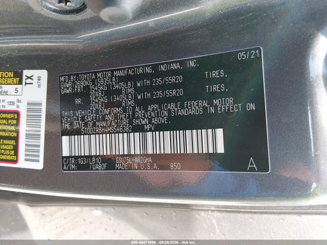 Продаж на аукціоні авто 2021 Toyota Highlander Limited, vin: 5TDDZRBH4MS546382, номер лоту: 45471996