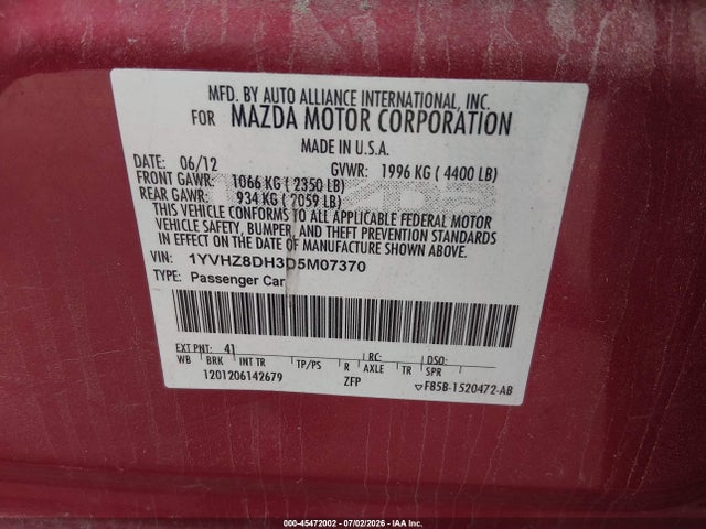 45472002 :رقم المزاد ، 1YVHZ8DH3D5M07370 vin ، 2013 Mazda Mazda6 I Touring مزاد بيع