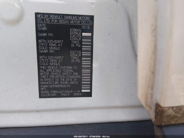 Aukcja sprzedaży 2016 Nissan Rogue Sv, vin: KNMAT2MT8GP669078, numer aukcji: 45472011