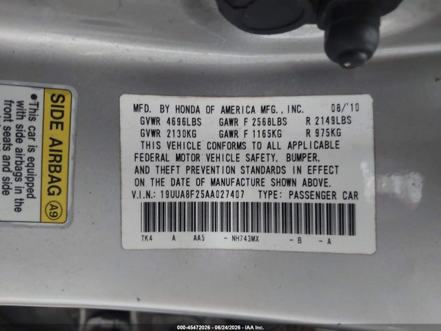 Aukcja sprzedaży 2010 Acura Tl 3.5, vin: 19UUA8F25AA027407, numer aukcji: 45472026