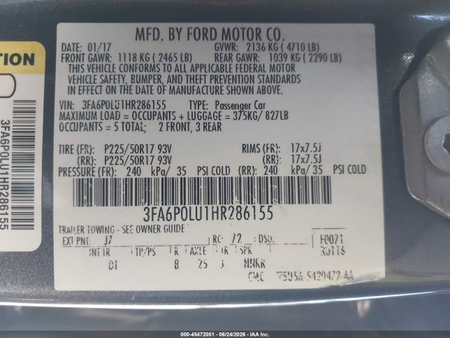 45472051 :رقم المزاد ، 3FA6P0LU1HR286155 vin ، 2017 Ford Fusion Hybrid Se مزاد بيع