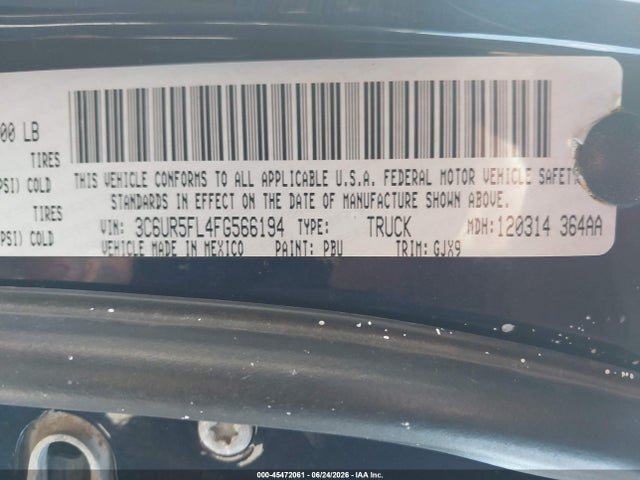 45472061 :رقم المزاد ، 3C6UR5FL4FG566194 vin ، 2015 Ram 2500 Laramie مزاد بيع