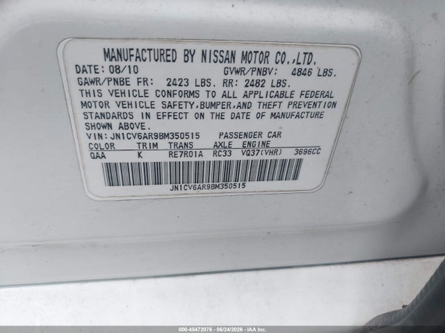 2011 Infiniti G37x მანქანა იყიდება აუქციონზე, vin: JN1CV6AR9BM350515, აუქციონის ნომერი: 45472076