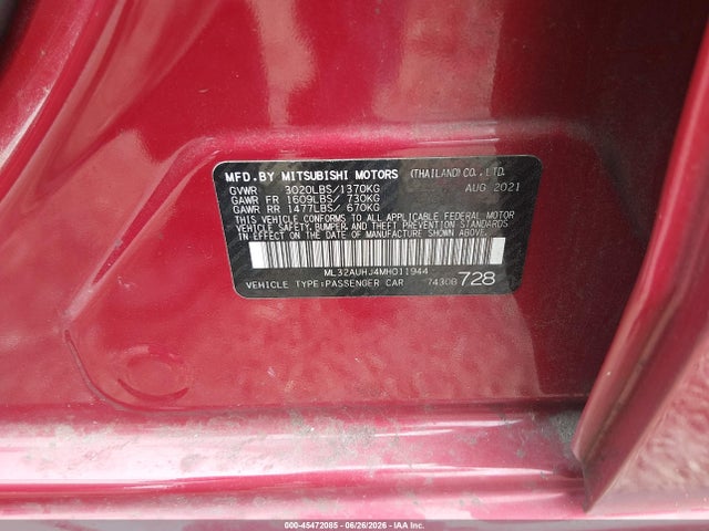 45472085 :رقم المزاد ، ML32AUHJ4MH011944 vin ، 2021 Mitsubishi Mirage Carbonite Edition/es/le مزاد بيع