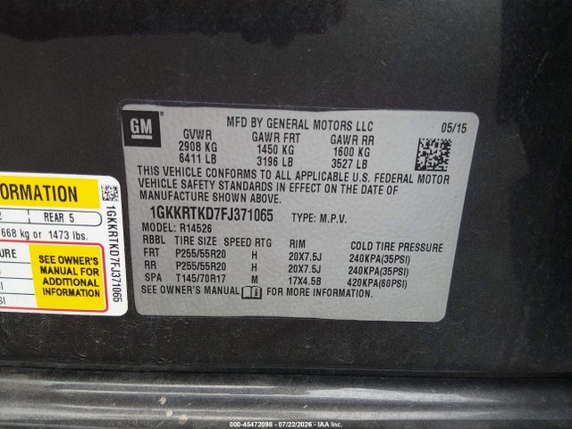 Продаж на аукціоні авто 2015 Gmc Acadia Denali, vin: 1GKKRTKD7FJ371065, номер лоту: 45472098