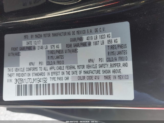 Aukcja sprzedaży 2018 Mazda Mazda3 Sport, vin: 3MZBN1U70JM194192, numer aukcji: 45472102