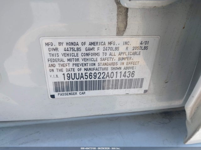 Aukcja sprzedaży 2002 Acura Tl 3.2 Type S, vin: 19UUA56922A011436, numer aukcji: 45472108