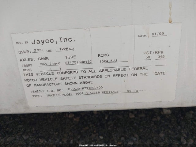 1999 Jayco Camper მანქანა იყიდება აუქციონზე, vin: 1UJAJ01H7X13G0100, აუქციონის ნომერი: 45472110