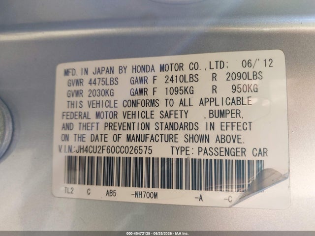 Aukcja sprzedaży 2012 Acura Tsx 2.4, vin: JH4CU2F60CC026575, numer aukcji: 45472135