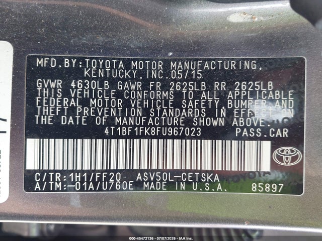 Продажа на аукционе авто 2015 Toyota Camry Se, vin: 4T1BF1FK8FU967023, номер лота: 45472136