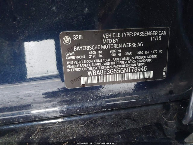 45472138 :رقم المزاد ، WBA8E3G55GNT78946 vin ، 2016 Bmw 328i Xdrive مزاد بيع