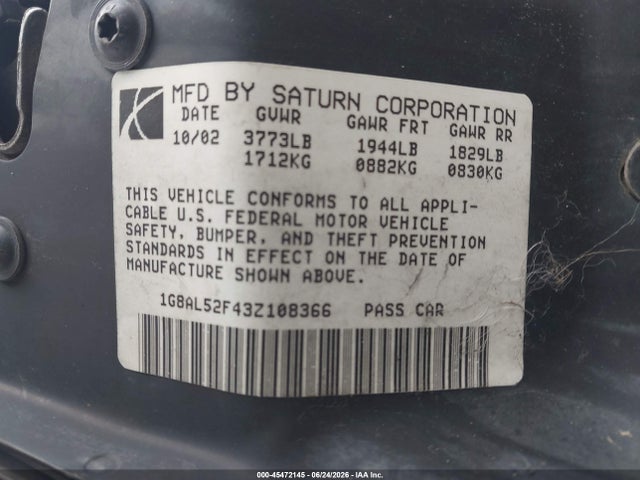 2003 Saturn Ion 3 მანქანა იყიდება აუქციონზე, vin: 1G8AL52F43Z108366, აუქციონის ნომერი: 45472145