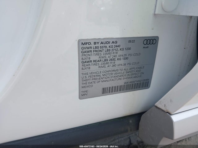 45472163 :رقم المزاد ، WA1ABAFY4N2125364 vin ، 2022 Audi Q5 Premium 40 Tfsi Quattro S Tronic مزاد بيع