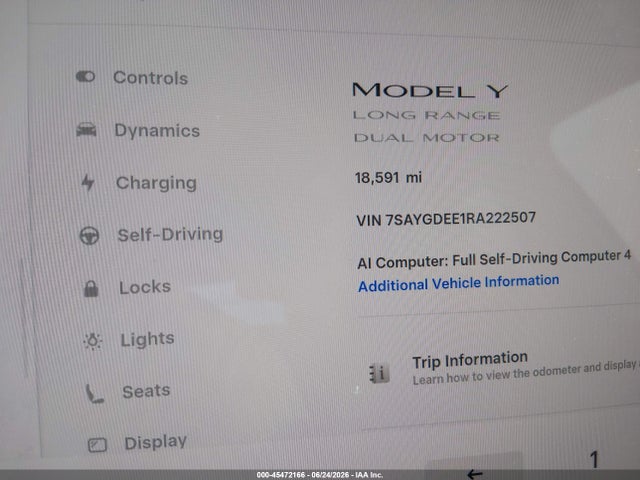 Aukcja sprzedaży 2024 Tesla Model Y Long Range Dual Motor All-wheel Drive, vin: 7SAYGDEE1RA222507, numer aukcji: 45472166