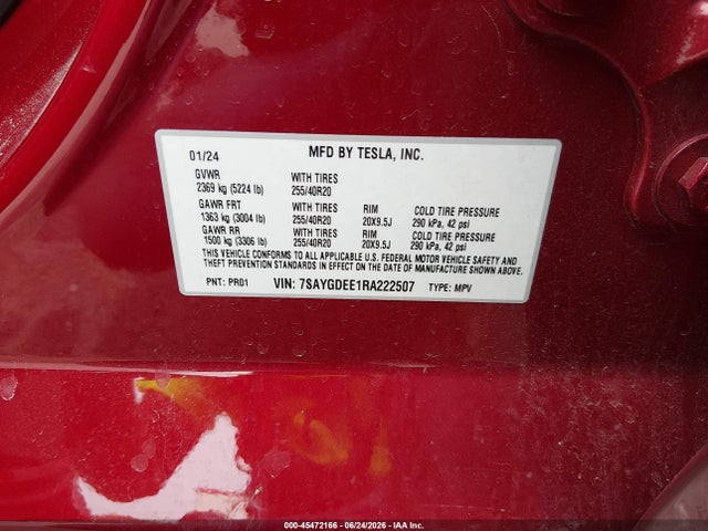 Aukcja sprzedaży 2024 Tesla Model Y Long Range Dual Motor All-wheel Drive, vin: 7SAYGDEE1RA222507, numer aukcji: 45472166