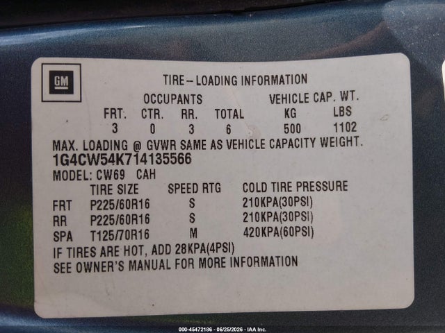 45472186 :رقم المزاد ، 1G4CW54K714135566 vin ، 2001 Buick Park Avenue مزاد بيع