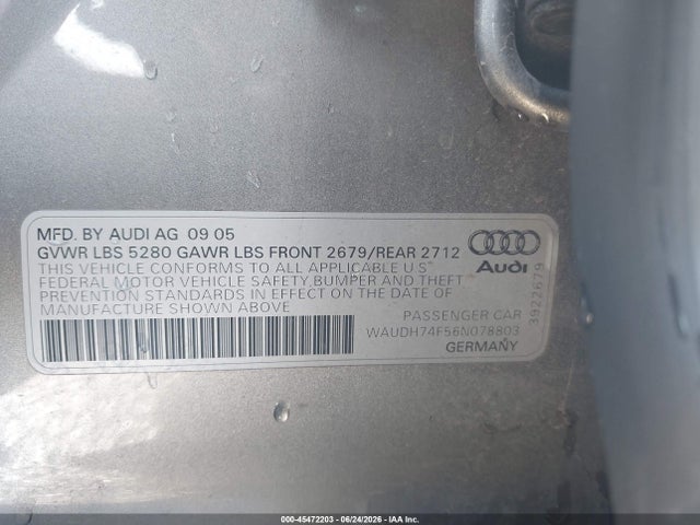 45472203 :رقم المزاد ، WAUDH74F56N078803 vin ، 2006 Audi A6 3.2 مزاد بيع