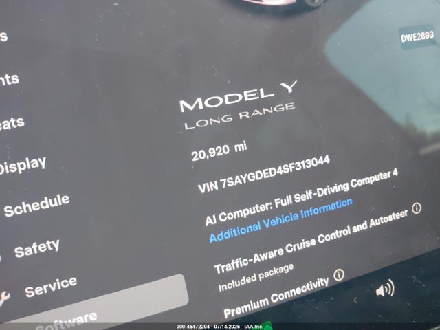 2025 Tesla Model Y Long Range Dual Motor Rear-wheel Drive მანქანა იყიდება აუქციონზე, vin: 7SAYGDED4SF313044, აუქციონის ნომერი: 45472204