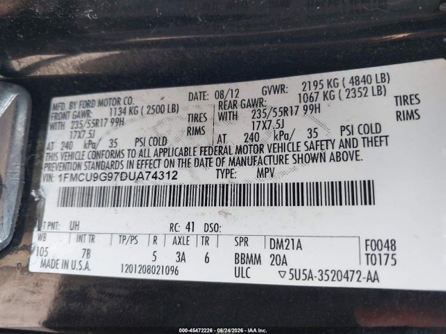 Продаж на аукціоні авто 2013 Ford Escape Se, vin: 1FMCU9G97DUA74312, номер лоту: 45472226