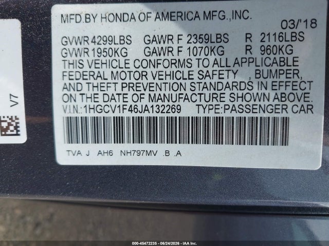 Auction sale of the 2018 Honda Accord Ex, vin: 1HGCV1F46JA132269, lot number: 45472235