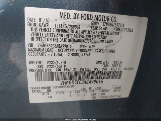 Aukcja sprzedaży 2010 Ford Flex Sel, vin: 2FMGK5CC3ABA99016, numer aukcji: 45472236
