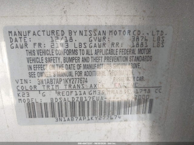 Nissan SENTRA SV 2019 3N1AB7AP1KY277674 Image 9