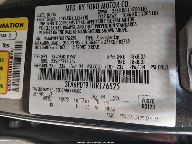 45472238 :رقم المزاد ، 3FA6P0T91HR176525 vin ، 2017 Ford Fusion Se مزاد بيع
