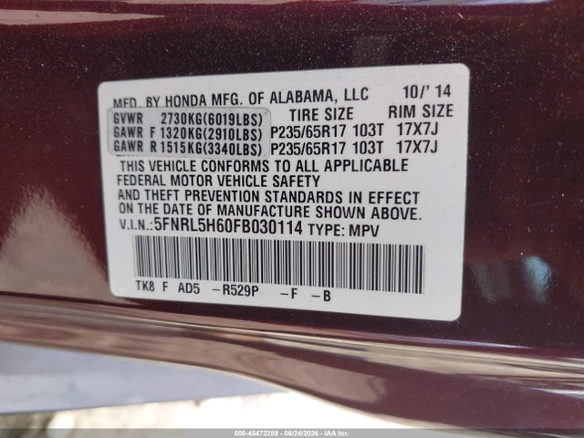 Auction sale of the 2015 Honda Odyssey Ex-l, vin: 5FNRL5H60FB030114, lot number: 45472289