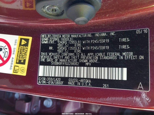 5TDDKRFH1GS298062 Toyota Highlander Limited Platinum V6