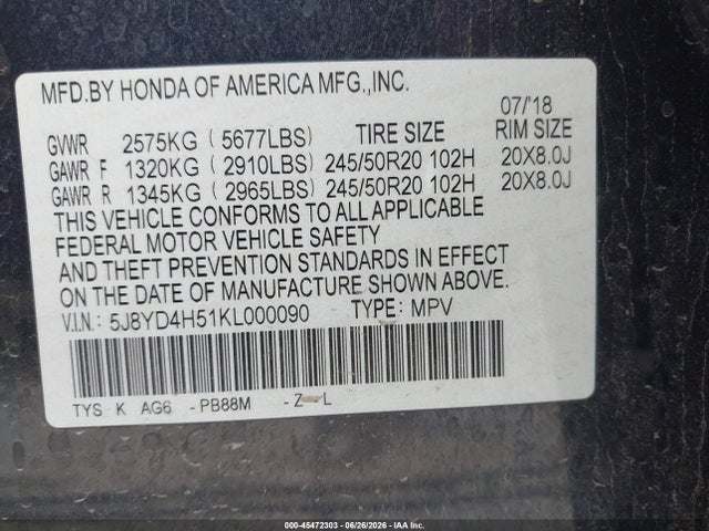 45472303 :رقم المزاد ، 5J8YD4H51KL000090 vin ، 2019 Acura Mdx Tech Pkg مزاد بيع
