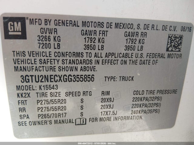 Aukcja sprzedaży 2016 Gmc Sierra 1500 Slt, vin: 3GTU2NECXGG355856, numer aukcji: 45472312