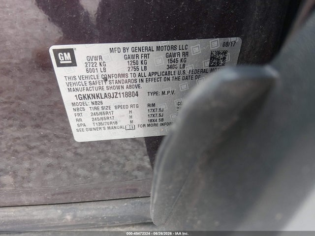 45472324 :رقم المزاد ، 1GKKNKLA9JZ118804 vin ، 2018 Gmc Acadia Sle-1 مزاد بيع